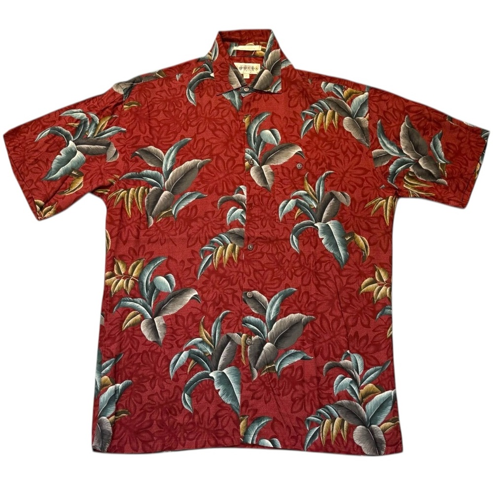 Campia Moda red Hawaiian shirt with a tropical leaf pattern, made of 100% rayon